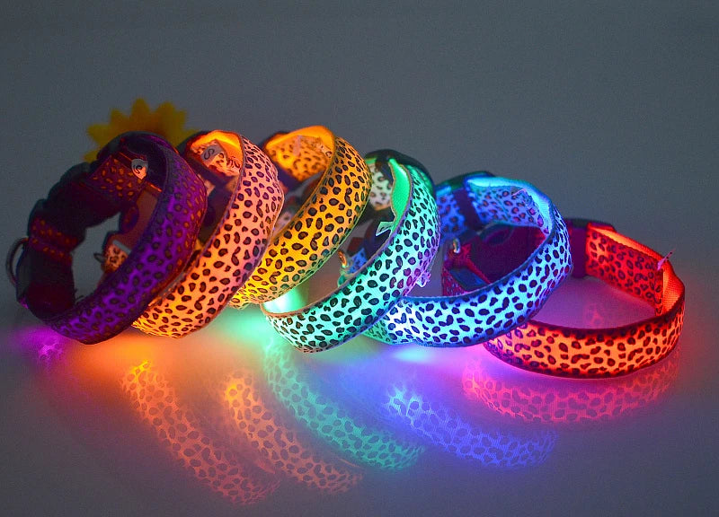 Leopard LED Dog Collar Luminous Adjustable Glowing Collar For Dogs Pet Night Safety Nylon Collar Luminous LED Bright Dog Collar